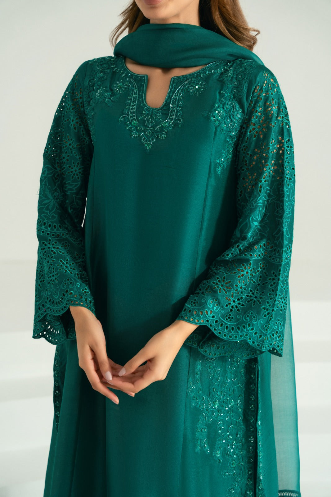 Emerald Green Hand Embroidered Silk Kameez (3-Piece) - Image 7
