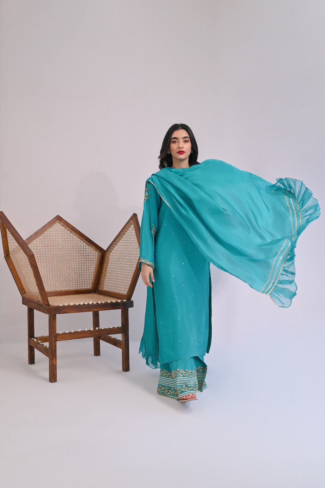 Seagreen Hand Zardozi Pure Raw Silk Salwar Kameez (3-Piece) - Image 3