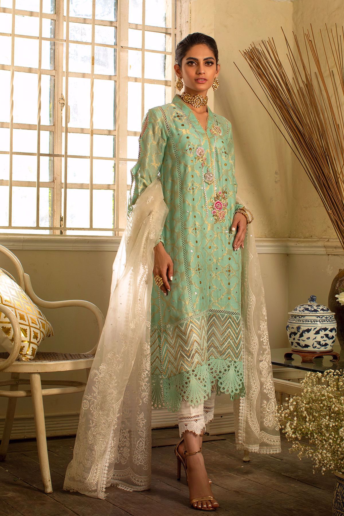 Pakistani Aqua Mint Kaamdani Silk Embroidered Salwar Kameez (3-Piece) - Image 1