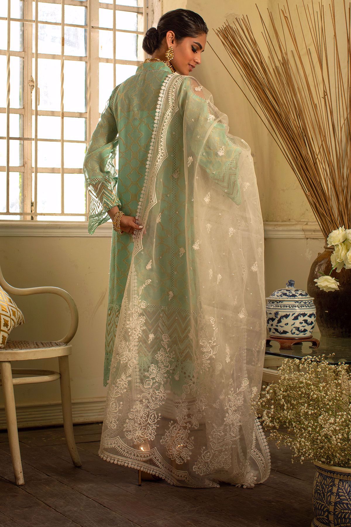 Pakistani Aqua Mint Kaamdani Silk Embroidered Salwar Kameez (3-Piece) - Image 10