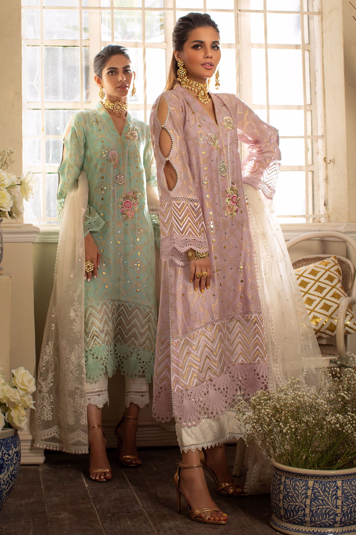 Pakistani Aqua Mint Kaamdani Silk Embroidered Salwar Kameez (3-Piece) - Image 11