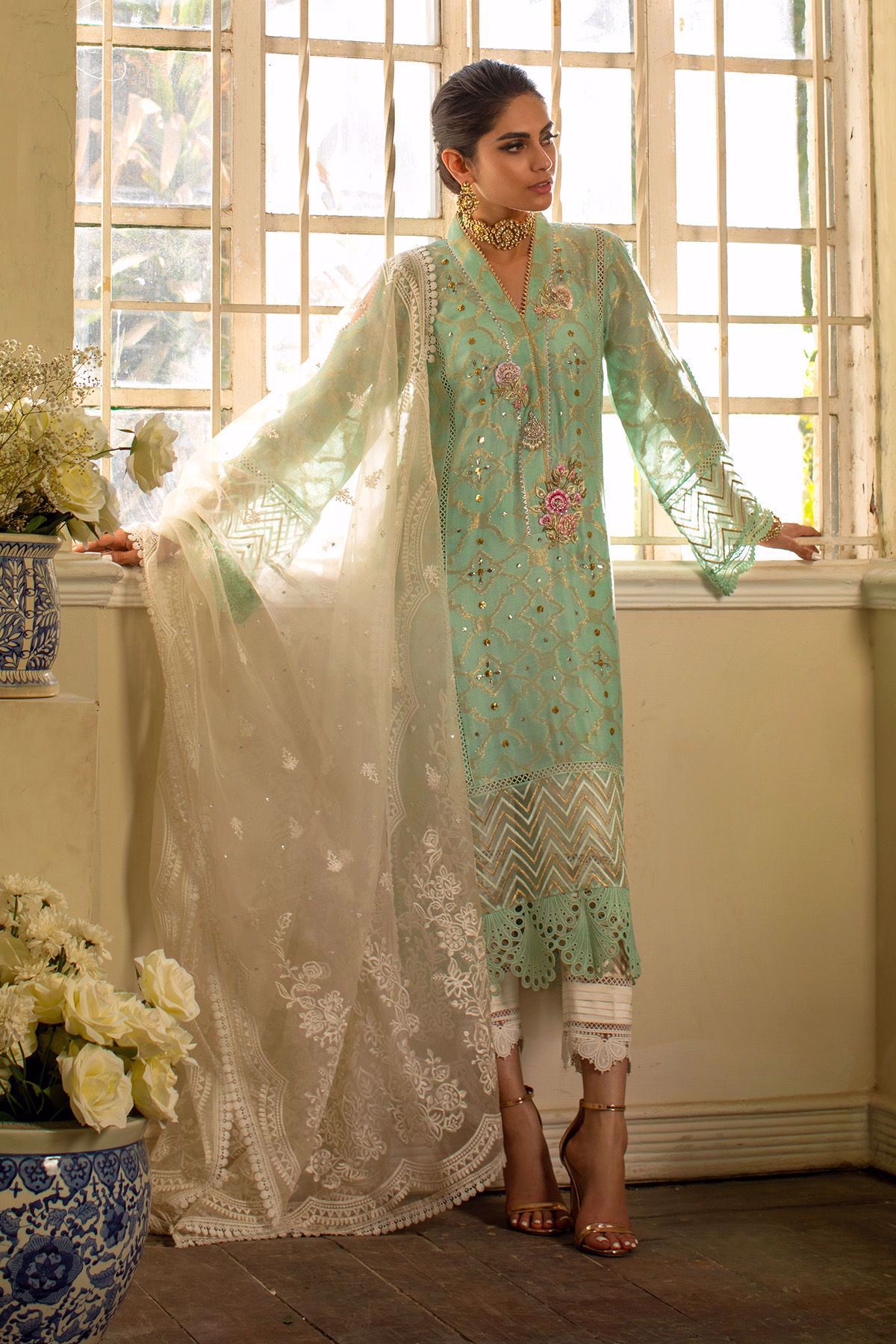 Pakistani Aqua Mint Kaamdani Silk Embroidered Salwar Kameez (3-Piece) - Image 9
