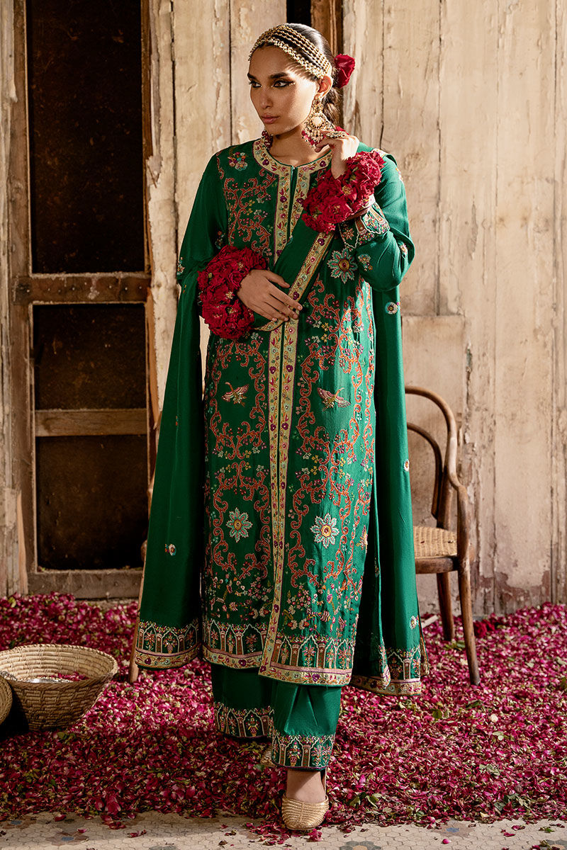 Pakistani Emerald Kashmiri Embroidered Raw Silk Salwar Kameez (3-Piece) - Image 1