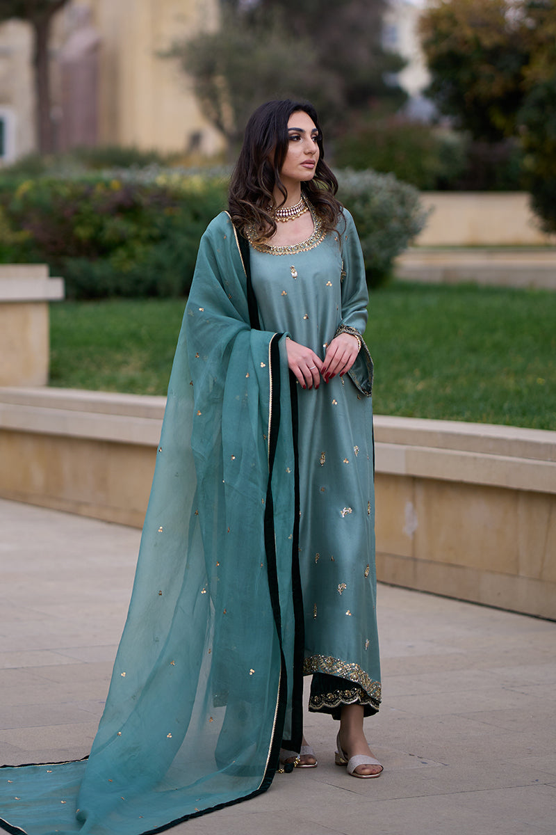 Pakistani Duck Green Kora Dabka Raw Silk Salwar Kameez (3-Piece) - Image 1