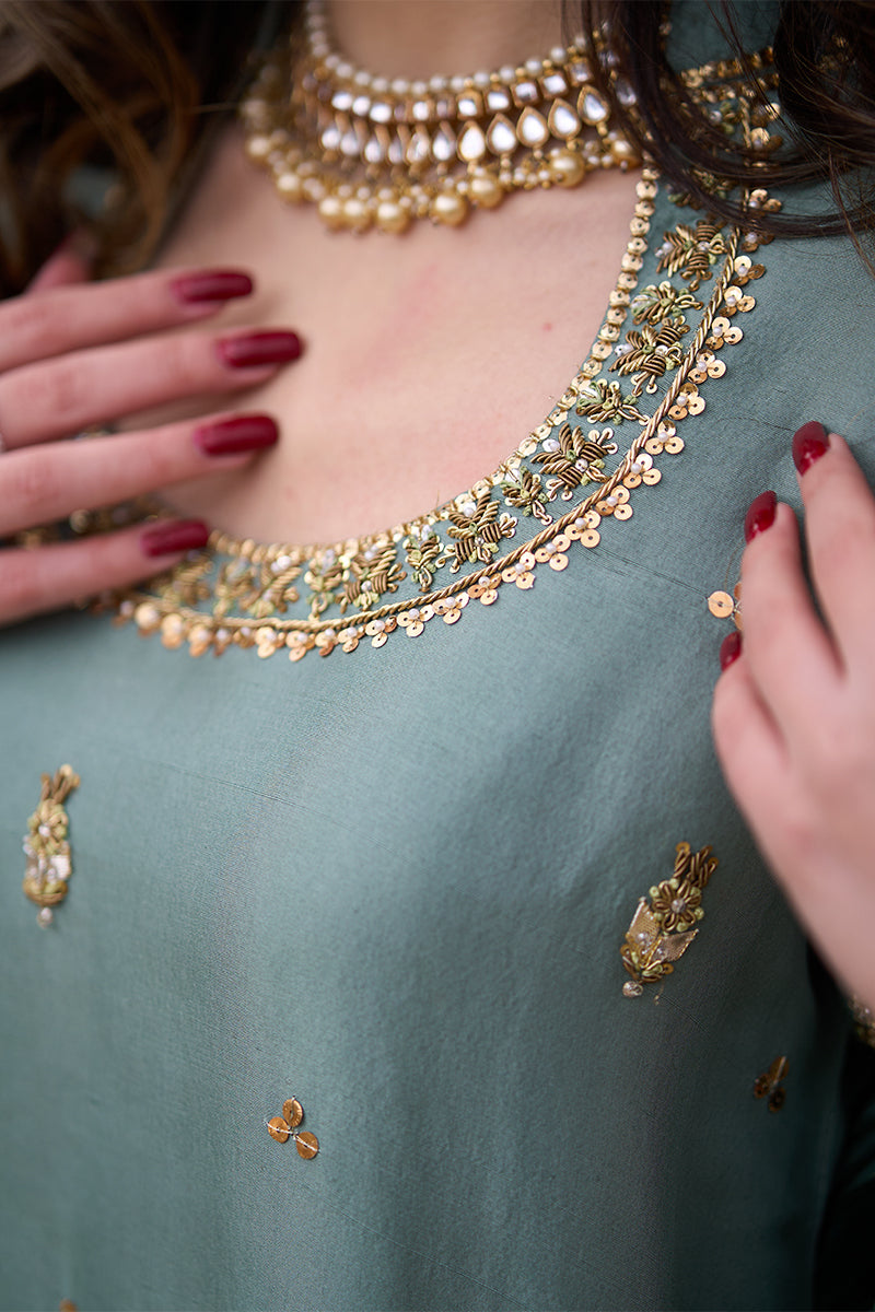 Pakistani Duck Green Kora Dabka Raw Silk Salwar Kameez (3-Piece) - Image 11