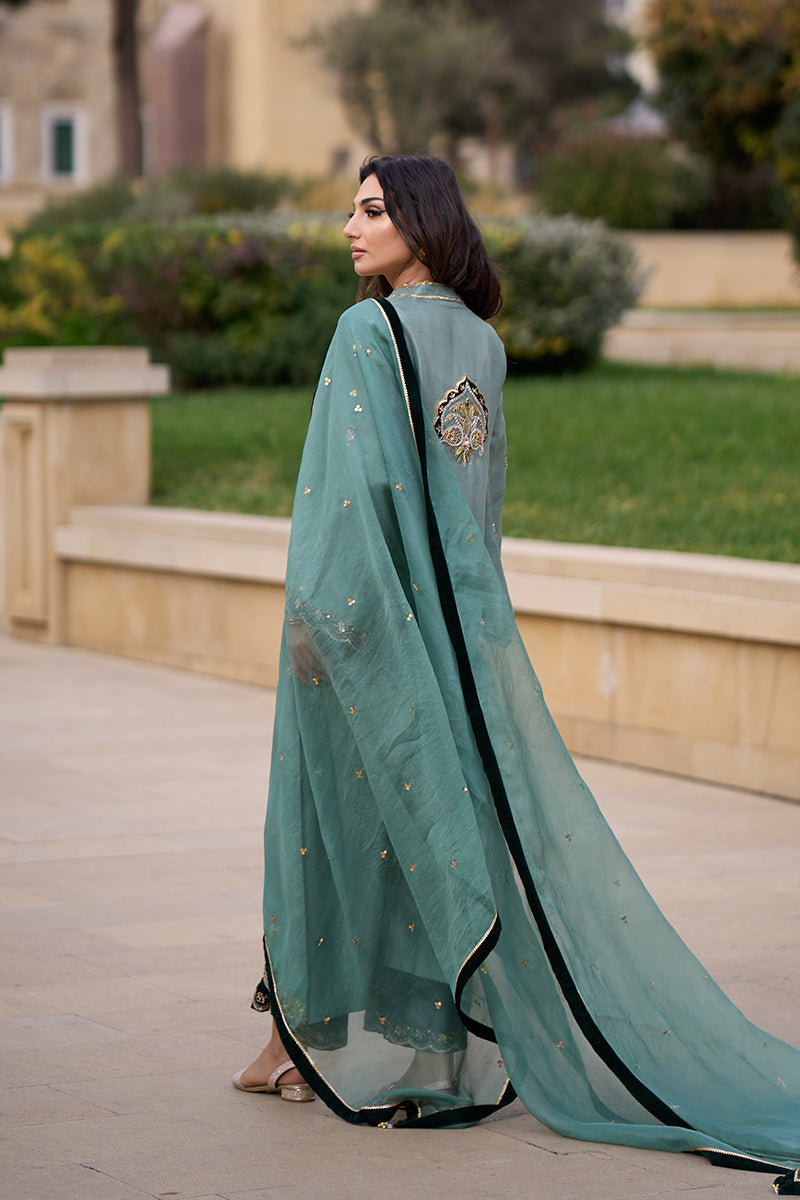 Pakistani Duck Green Kora Dabka Raw Silk Salwar Kameez (3-Piece) - Image 13