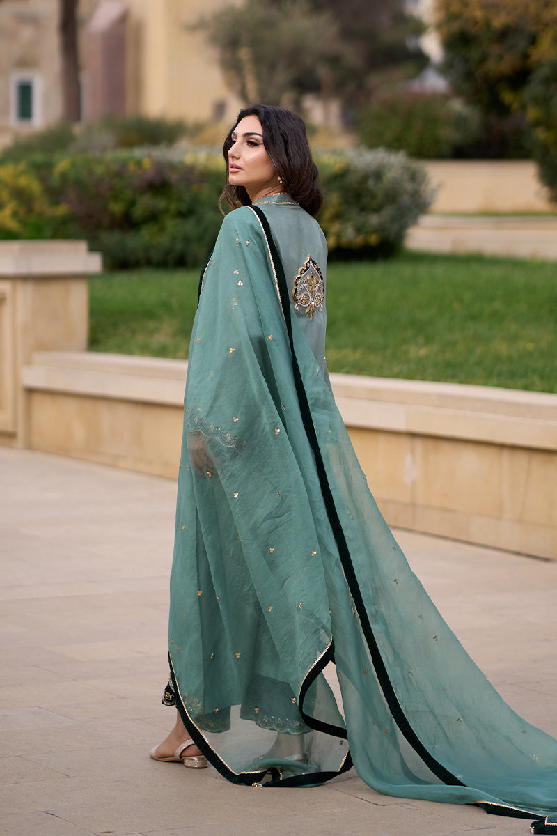 Pakistani Duck Green Kora Dabka Raw Silk Salwar Kameez (3-Piece) - Image 14