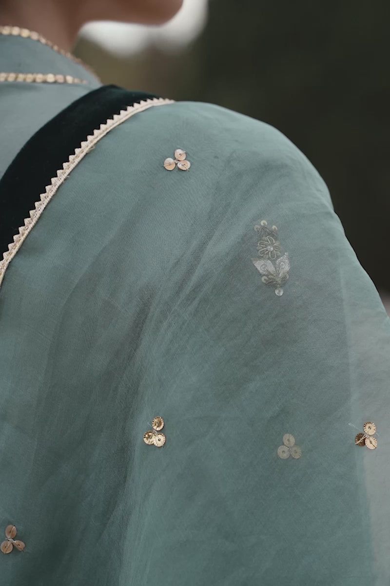 Pakistani Duck Green Kora Dabka Raw Silk Salwar Kameez (3-Piece) - Image 15