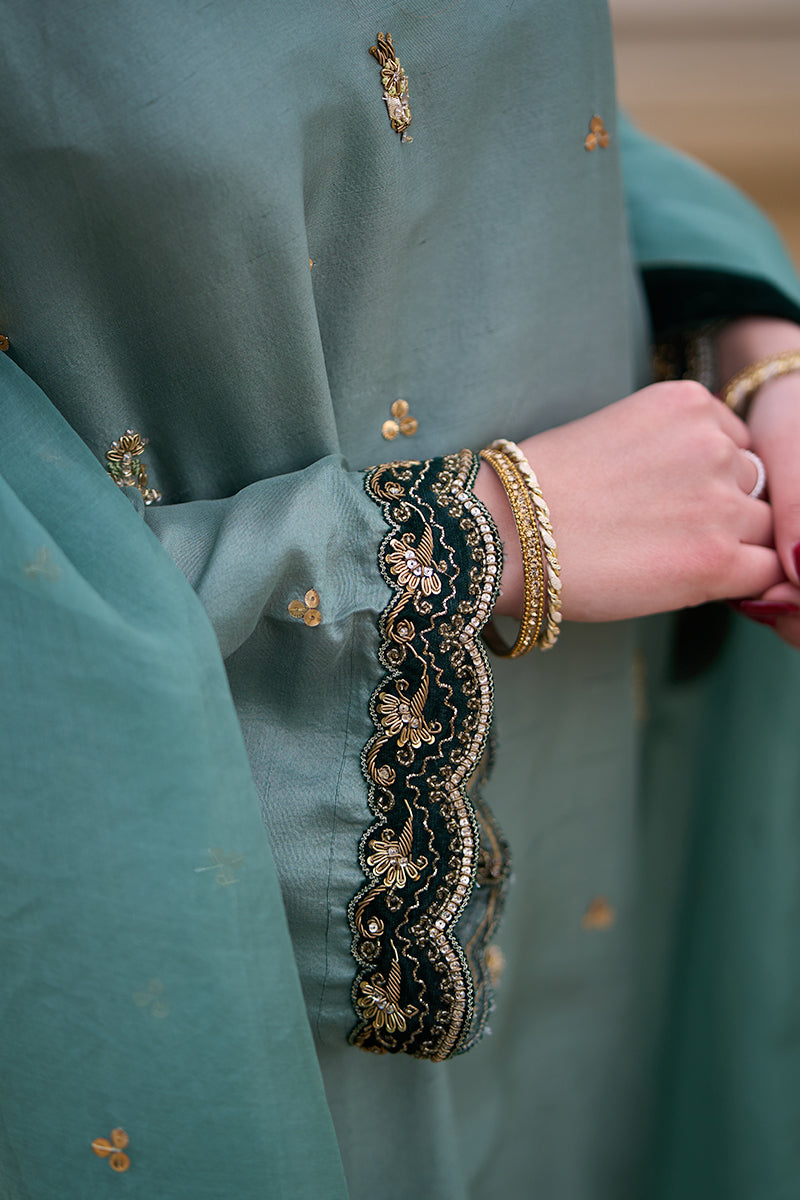 Pakistani Duck Green Kora Dabka Raw Silk Salwar Kameez (3-Piece) - Image 4