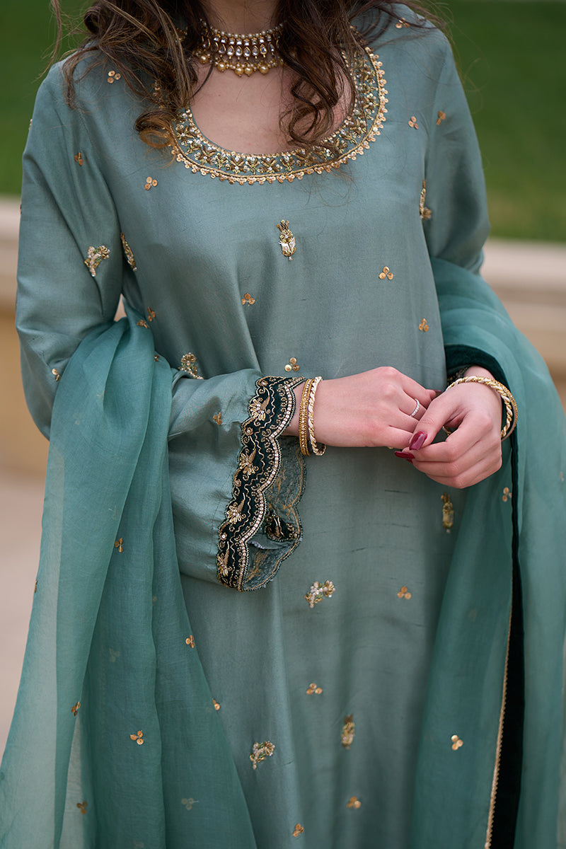 Pakistani Duck Green Kora Dabka Raw Silk Salwar Kameez (3-Piece) - Image 5