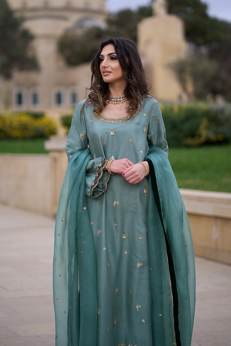 Pakistani Duck Green Kora Dabka Raw Silk Salwar Kameez (3-Piece) - Image 6