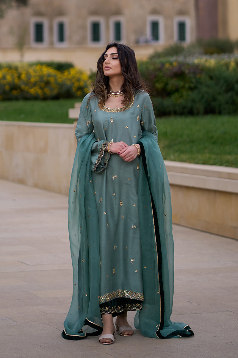 Pakistani Duck Green Kora Dabka Raw Silk Salwar Kameez (3-Piece) - Image 7