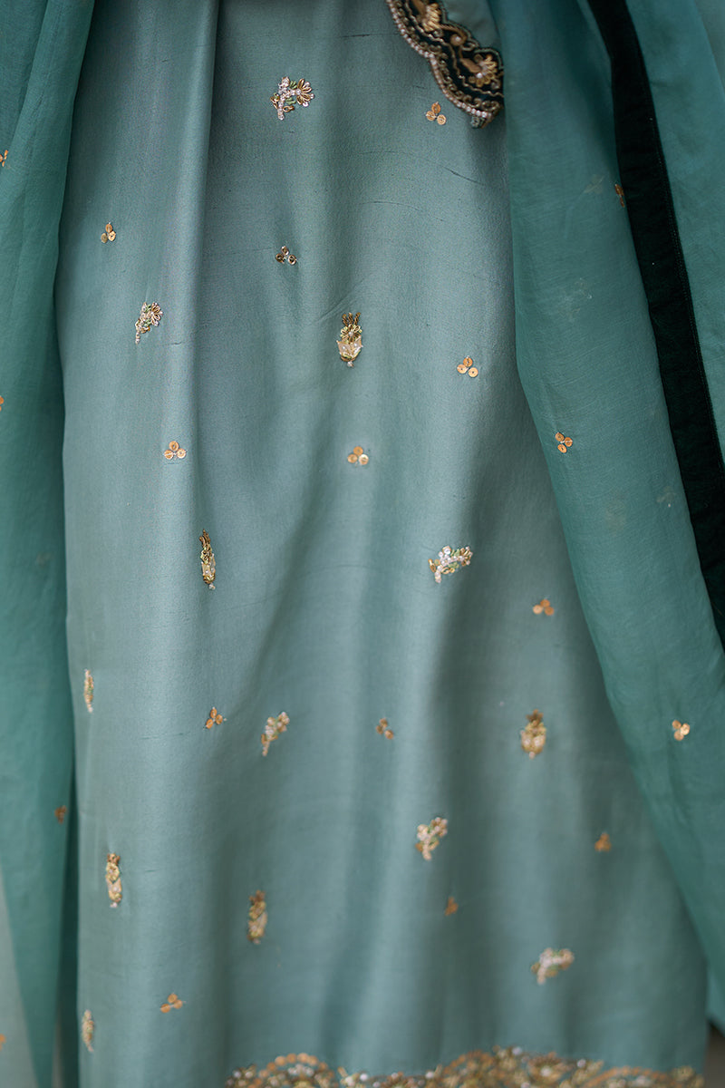 Pakistani Duck Green Kora Dabka Raw Silk Salwar Kameez (3-Piece) - Image 9