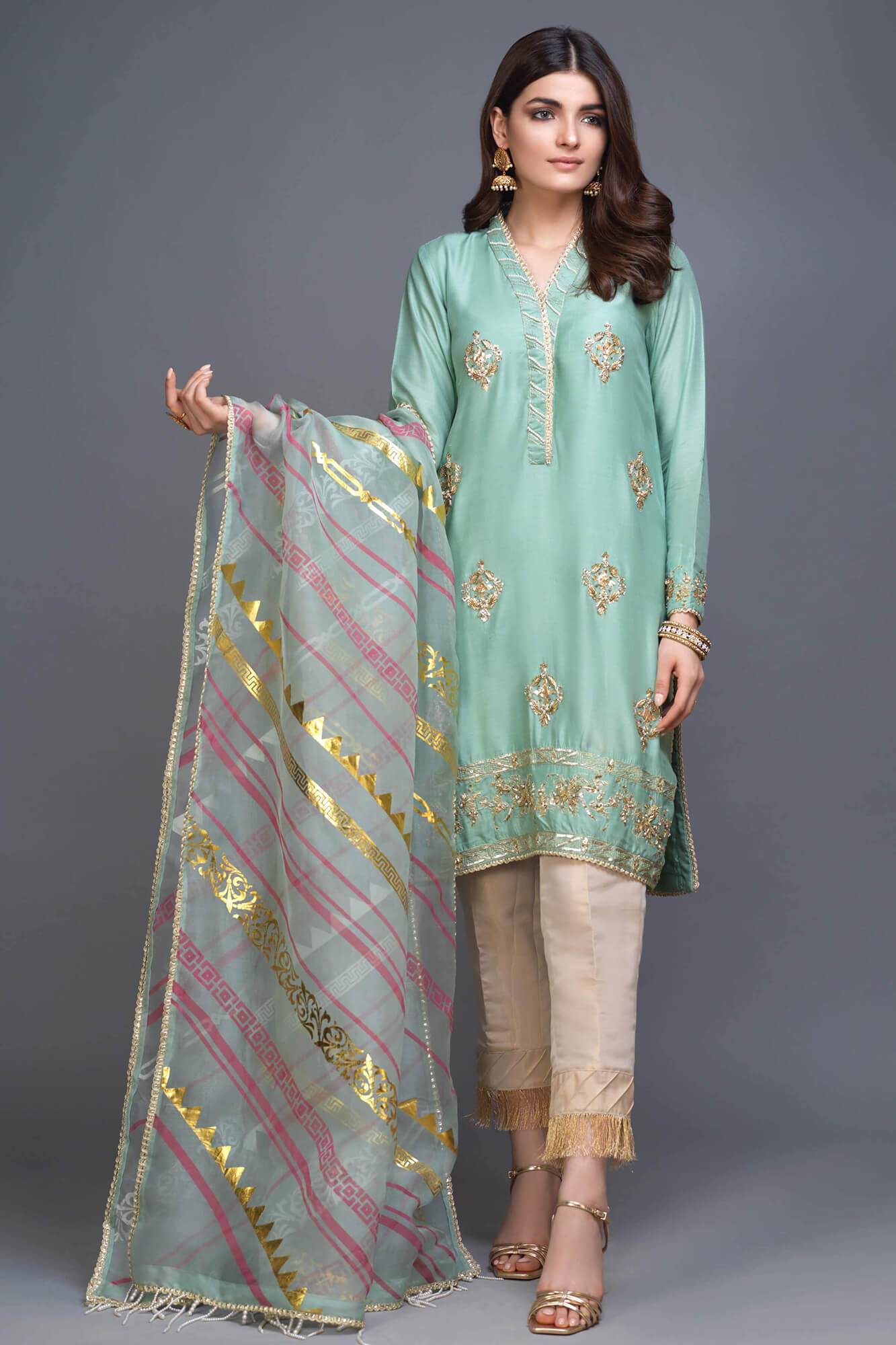 Pakistani Mint Green Embroidered PK Raw Silk Salwar Kameez (3-Piece) - Image 2