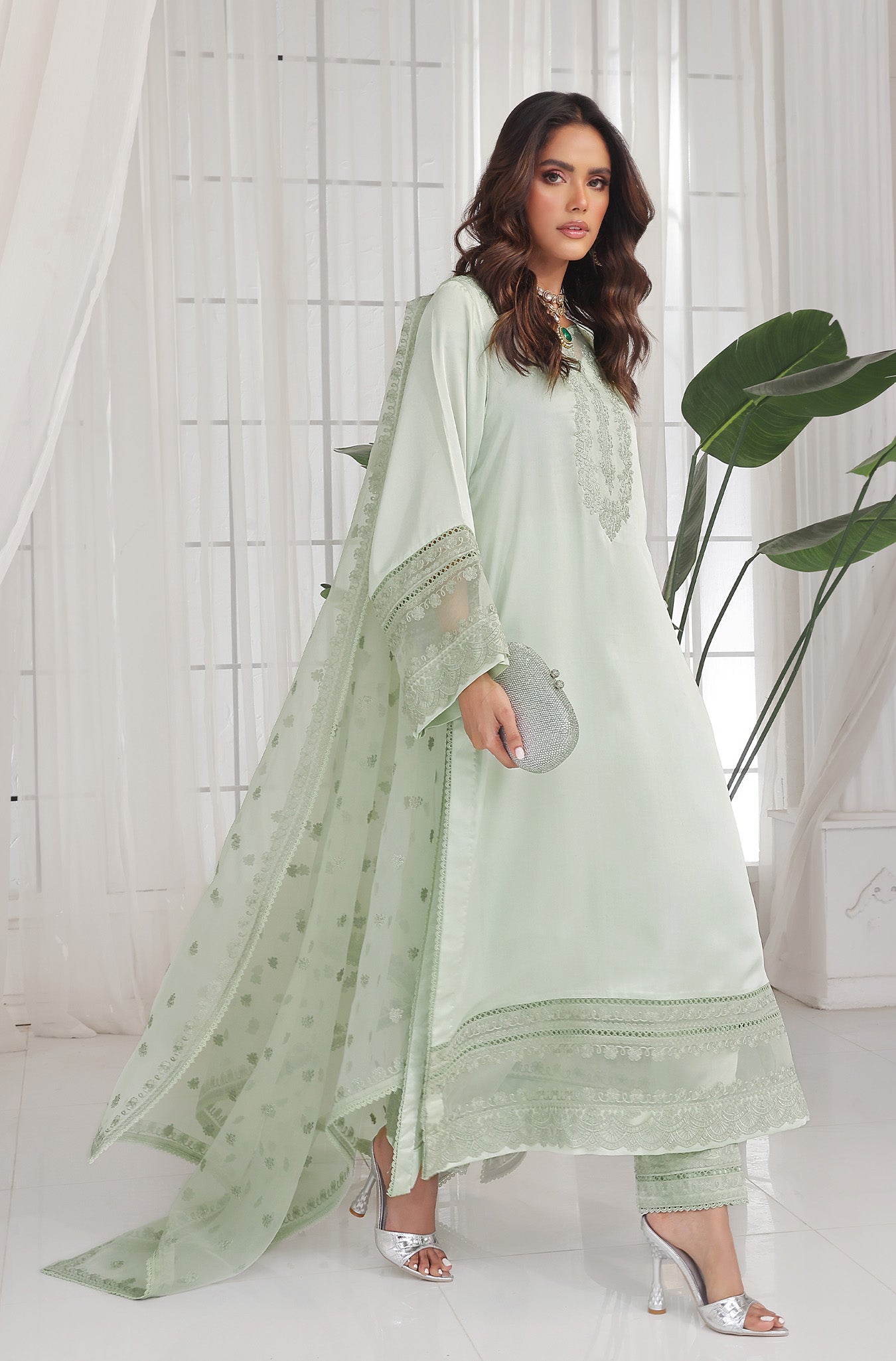 Pistachio Embroidered Pure Raw Silk Salwar Kameez (3-Piece) - Image 1