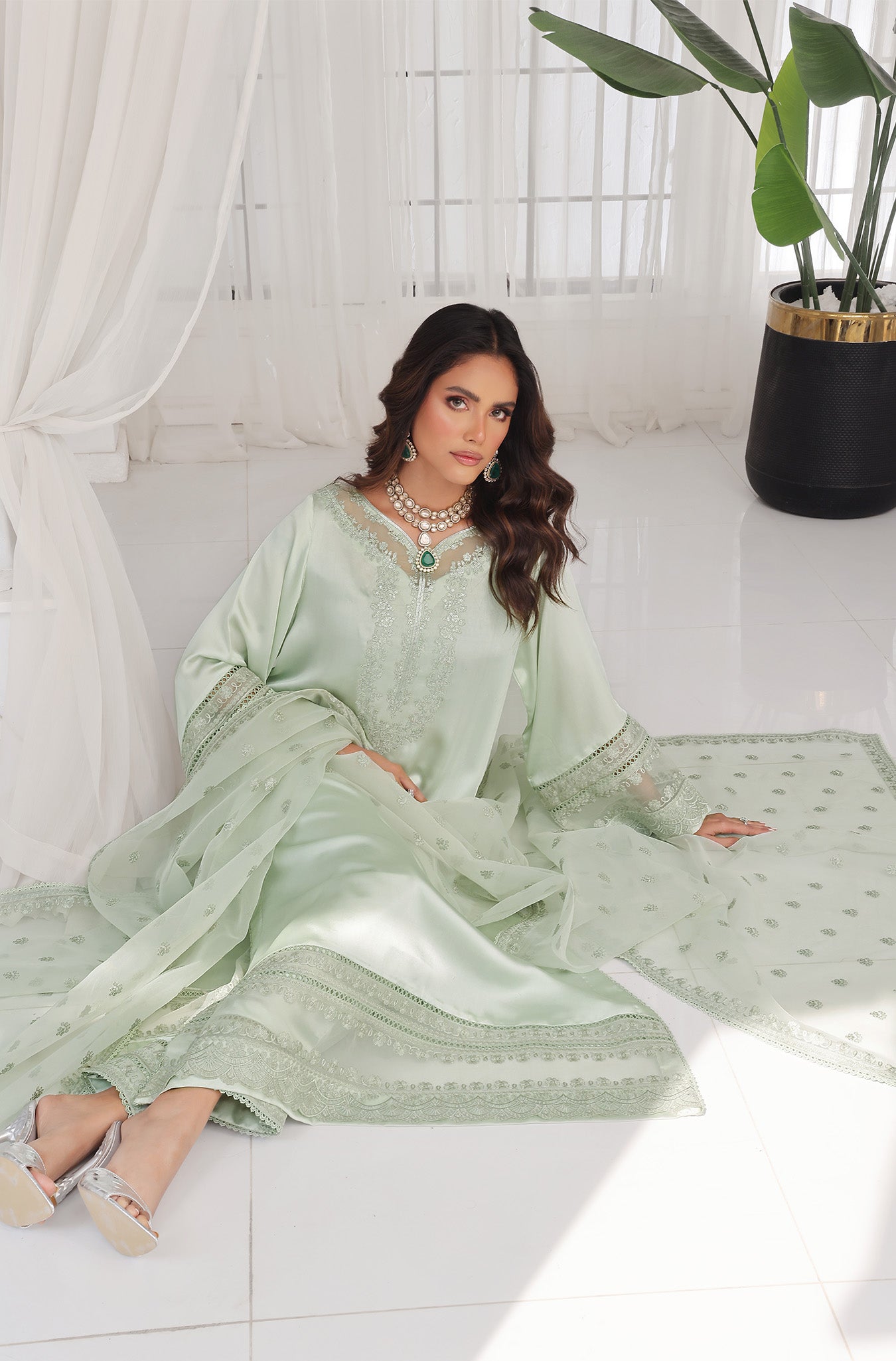 Pistachio Embroidered Pure Raw Silk Salwar Kameez (3-Piece) - Image 4