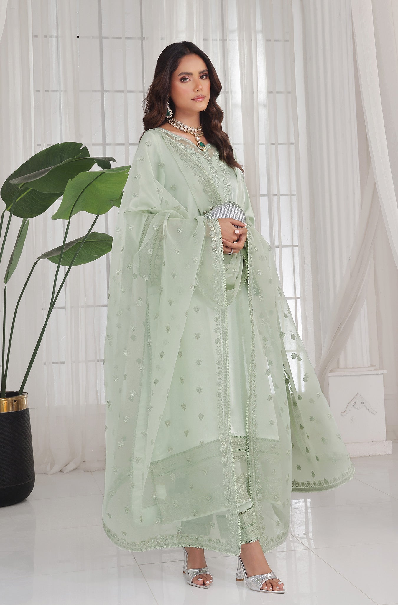 Pistachio Embroidered Pure Raw Silk Salwar Kameez (3-Piece) - Image 5