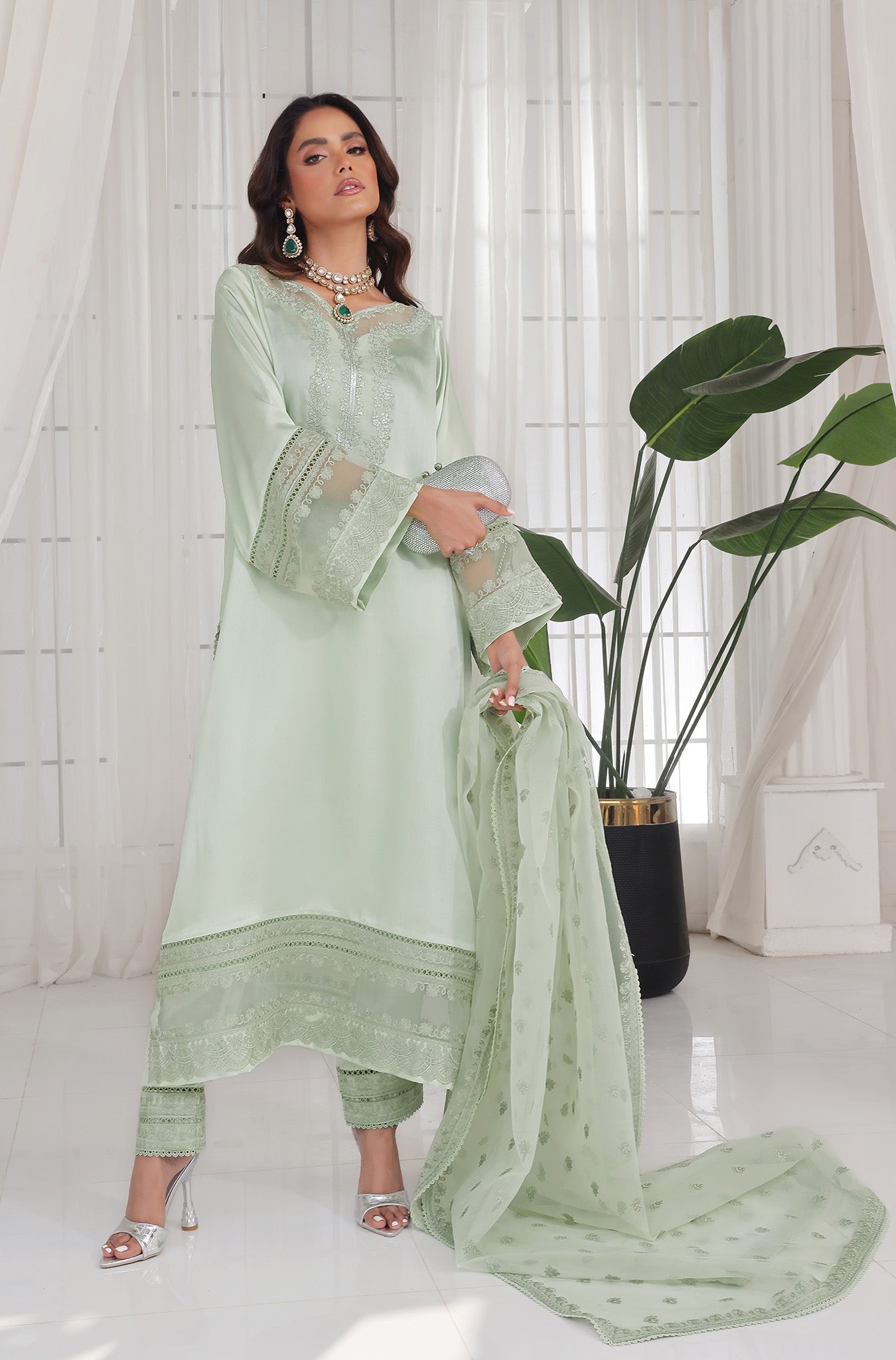 Pistachio Embroidered Pure Raw Silk Salwar Kameez (3-Piece) - Image 6