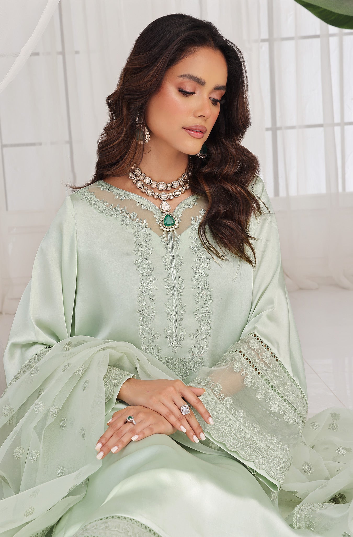 Pistachio Embroidered Pure Raw Silk Salwar Kameez (3-Piece) - Image 7