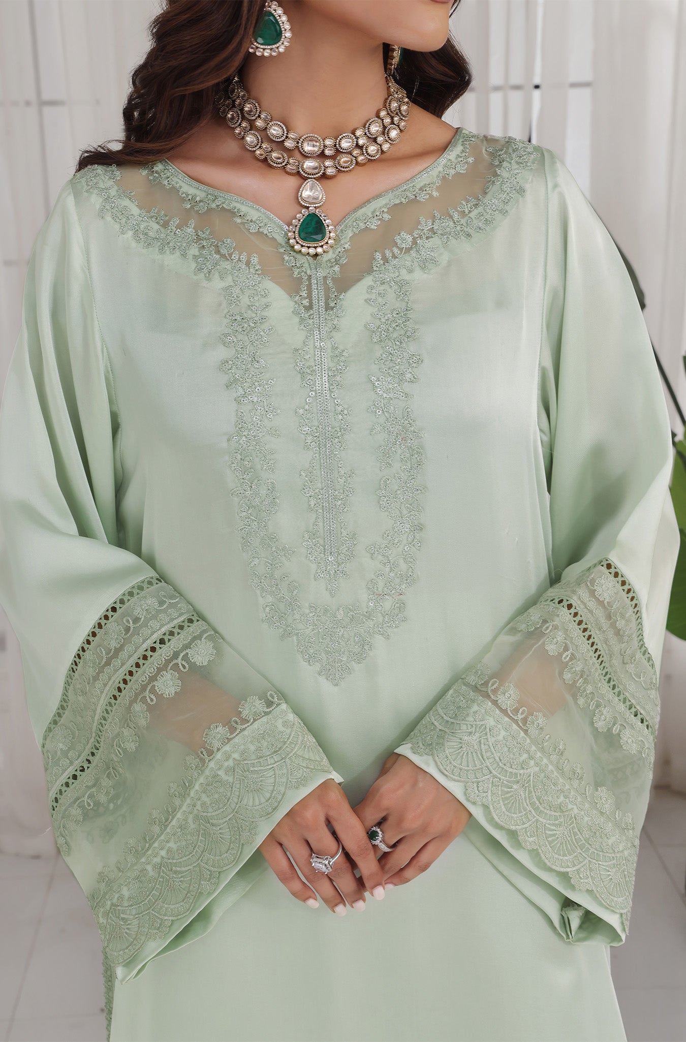 Pistachio Embroidered Pure Raw Silk Salwar Kameez (3-Piece) - Image 8
