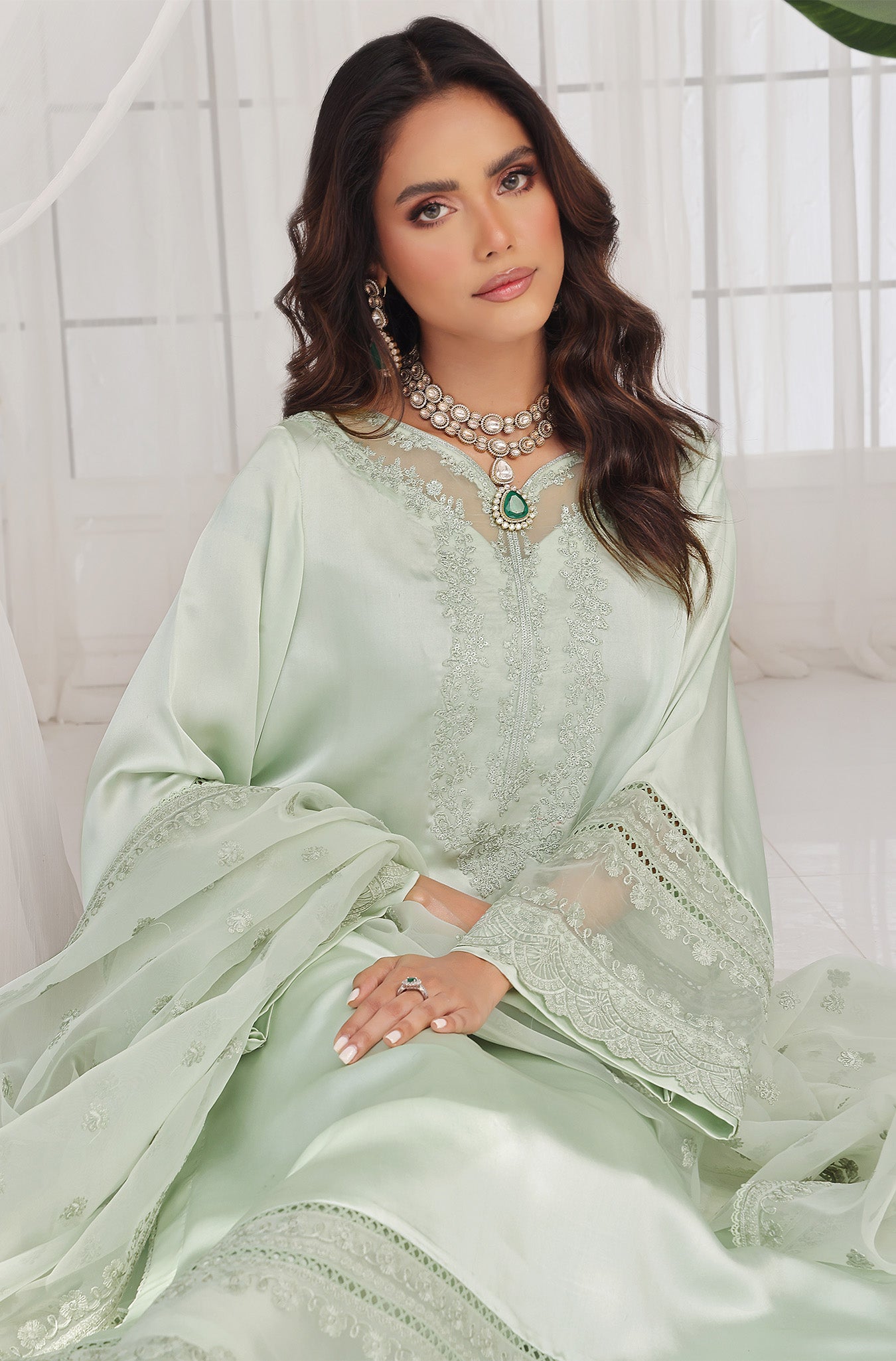Pistachio Embroidered Pure Raw Silk Salwar Kameez (3-Piece) - Image 9