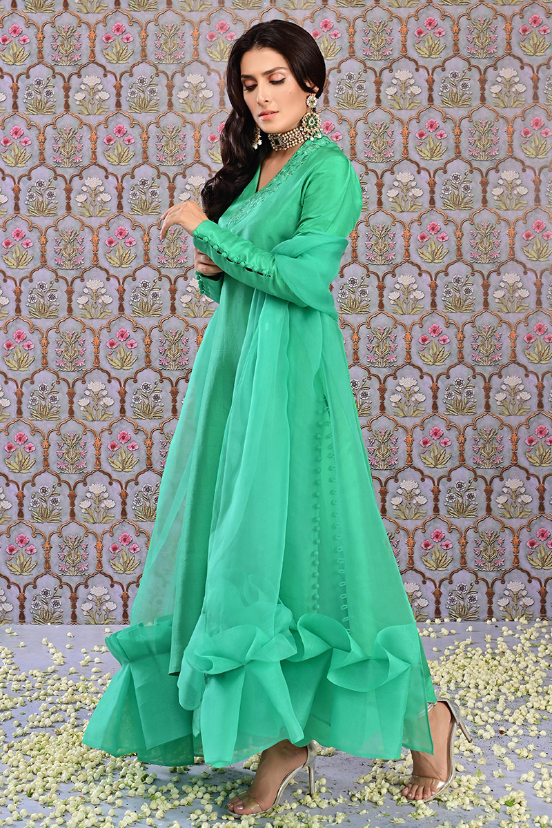 Paris Green Raw Silk Salwar Kameez (3-Piece) - Image 1