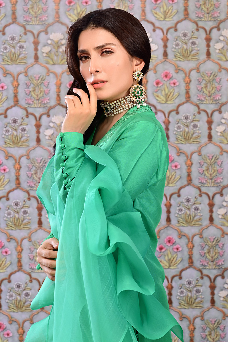 Paris Green Raw Silk Salwar Kameez (3-Piece) - Image 2