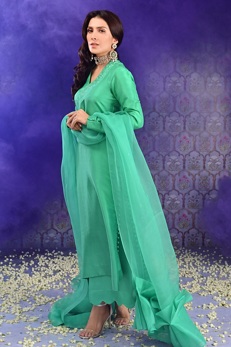 Paris Green Raw Silk Salwar Kameez (3-Piece) - Image 3