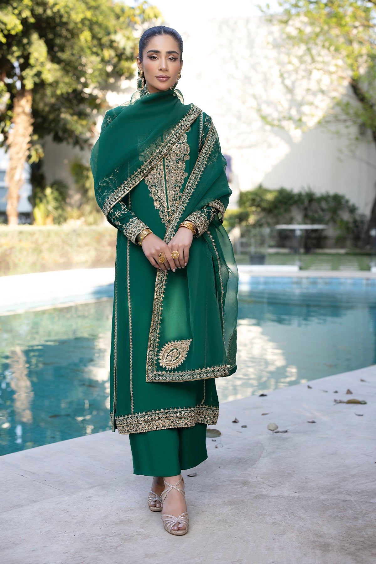 Pakistani Bottle Green Marrori Raw Silk Salwar Kameez (3-Piece) - Image 1