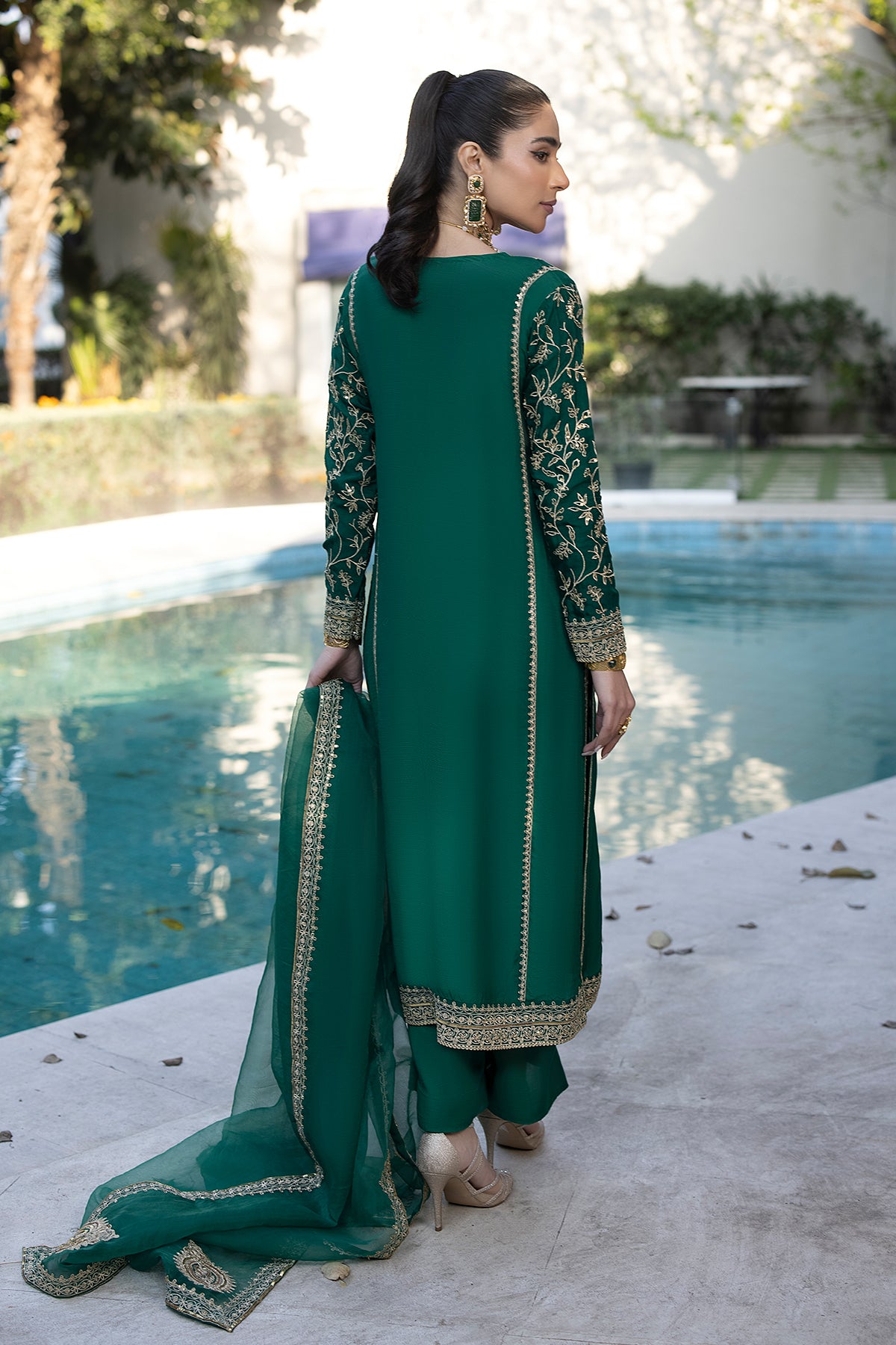 Pakistani Bottle Green Marrori Raw Silk Salwar Kameez (3-Piece) - Image 6