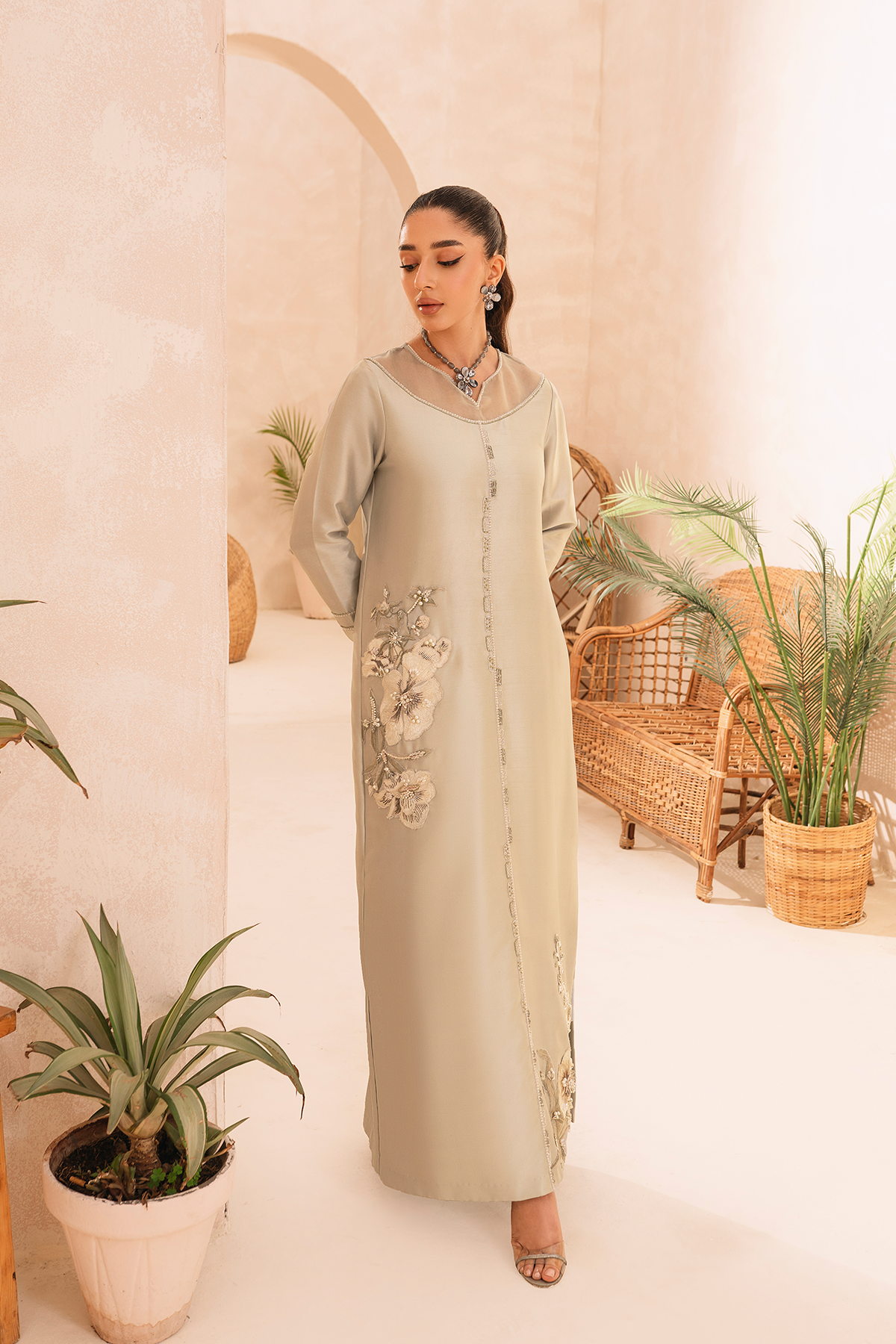 Pakistani Moss Green Embroidered Raw Silk Salwar Kameez (2-Piece) - Image 1