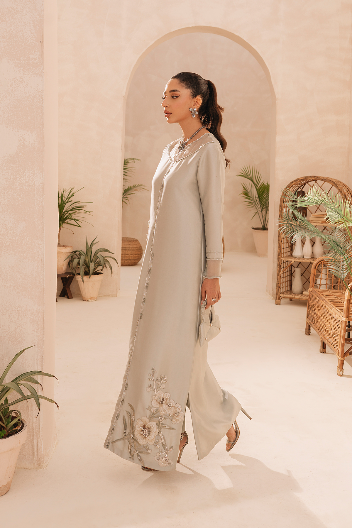 Pakistani Moss Green Embroidered Raw Silk Salwar Kameez (2-Piece) - Image 3