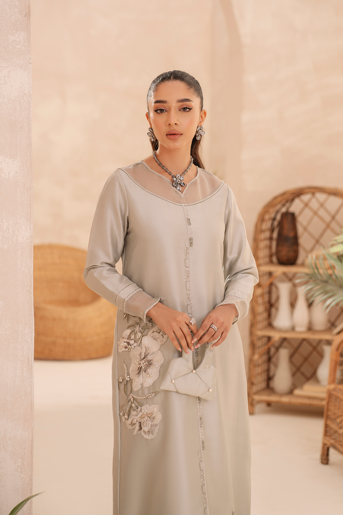 Pakistani Moss Green Embroidered Raw Silk Salwar Kameez (2-Piece) - Image 4