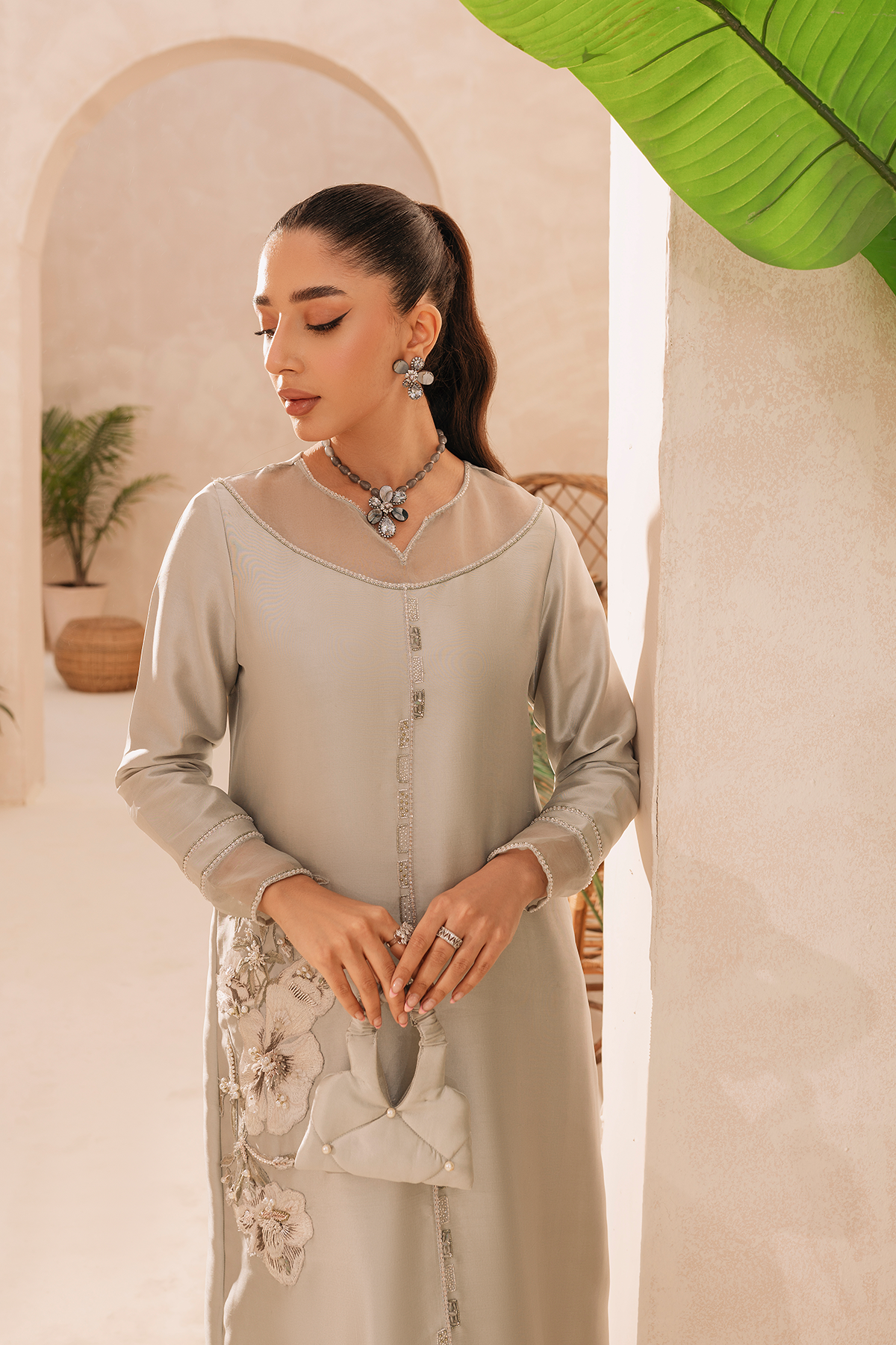 Pakistani Moss Green Embroidered Raw Silk Salwar Kameez (2-Piece) - Image 5