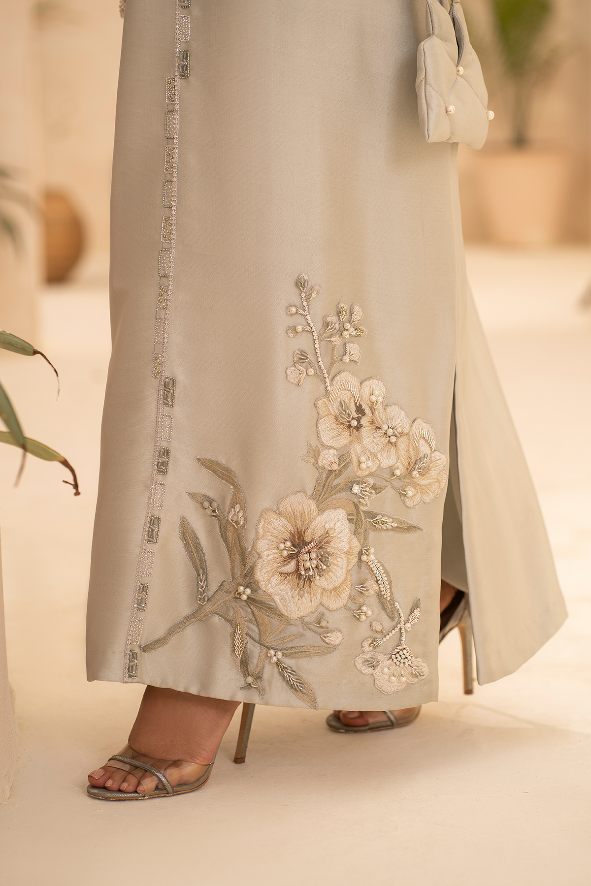 Pakistani Moss Green Embroidered Raw Silk Salwar Kameez (2-Piece) - Image 6