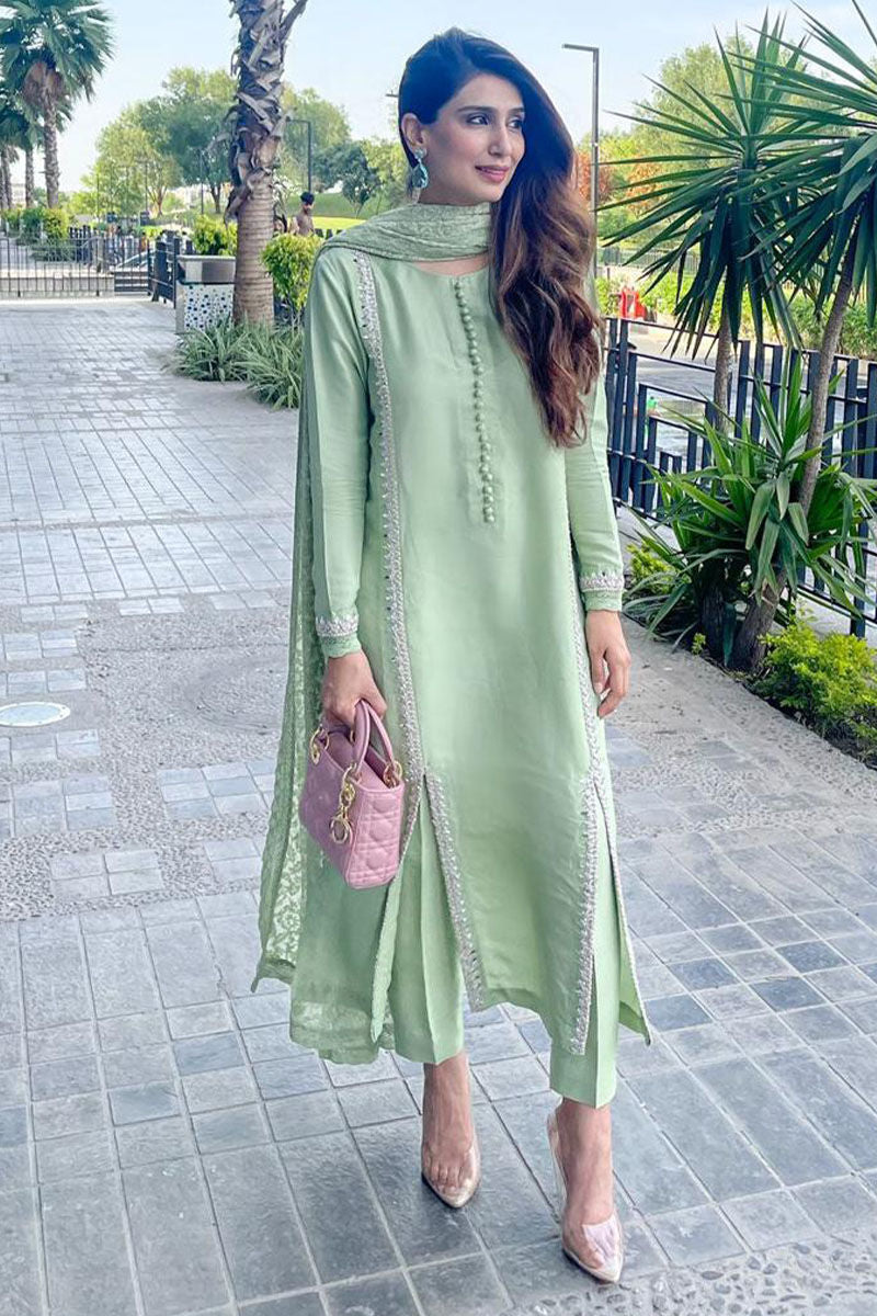 Pakistani Pistachio Embroidered Pure Raw Silk Salwar Kameez (3-Piece) - Image 1