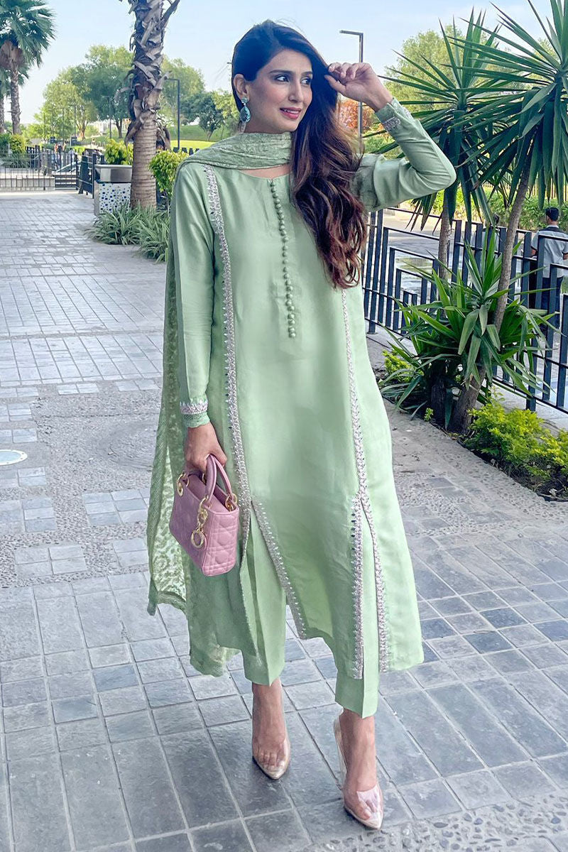 Pakistani Pistachio Embroidered Pure Raw Silk Salwar Kameez (3-Piece) - Image 2
