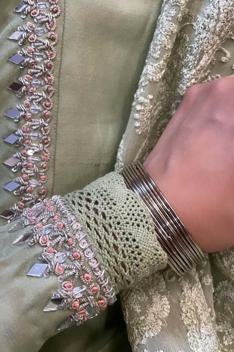 Pakistani Pistachio Embroidered Pure Raw Silk Salwar Kameez (3-Piece) - Image 3