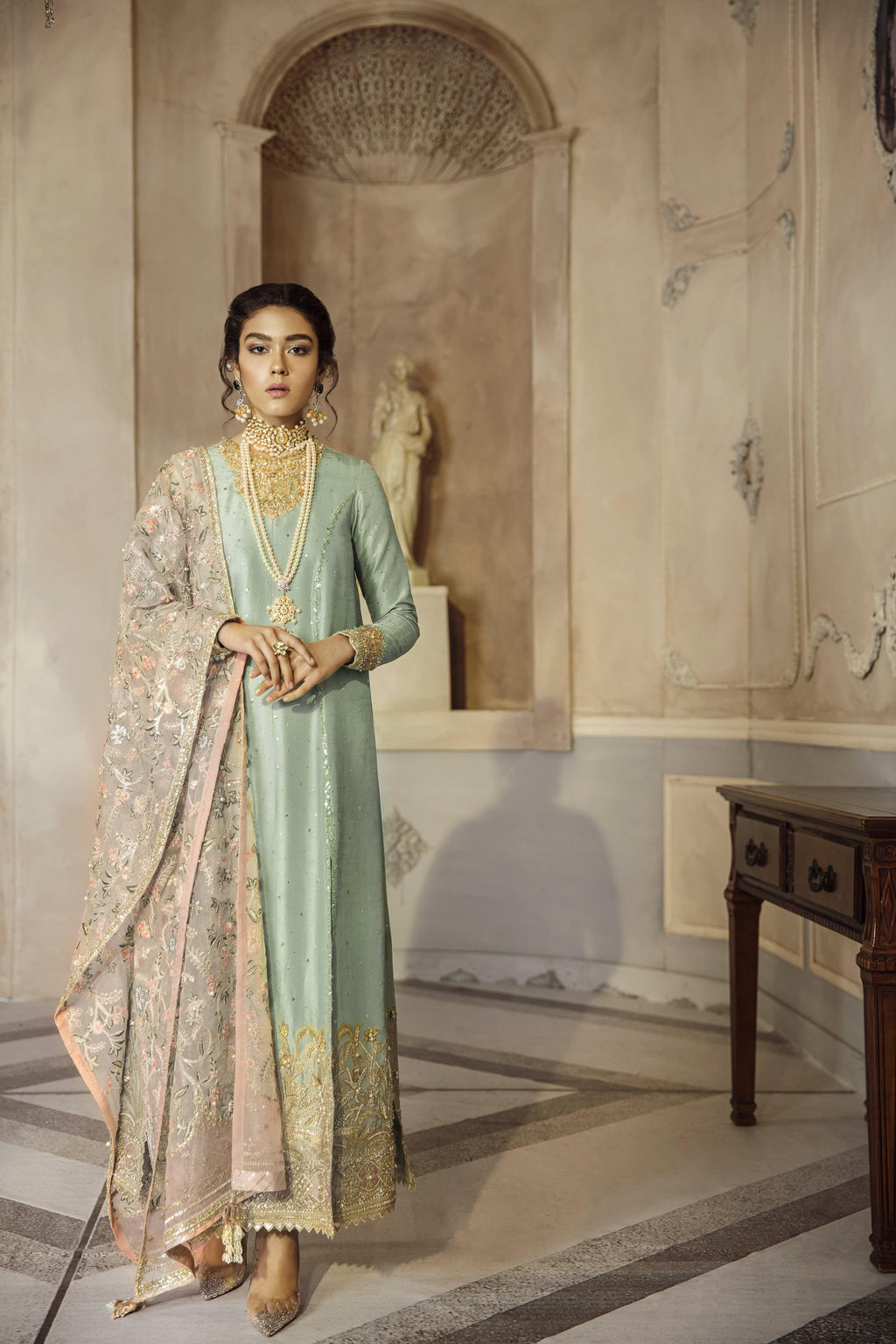 Mint Green Mukesh Raw Silk Salwar Kameez (3-Piece) - Image 1