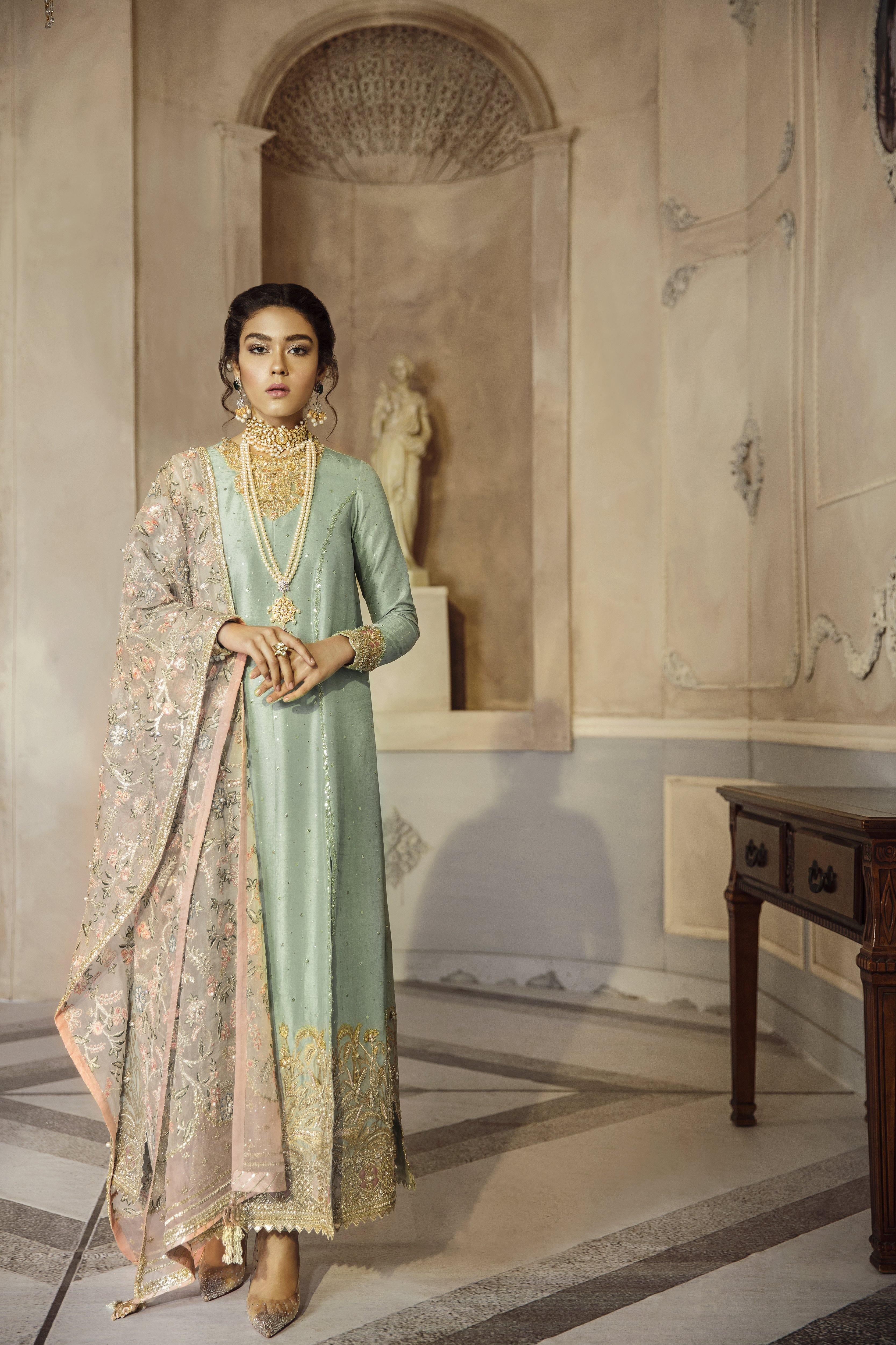 Mint Green Mukesh Raw Silk Salwar Kameez (3-Piece) - Image 3