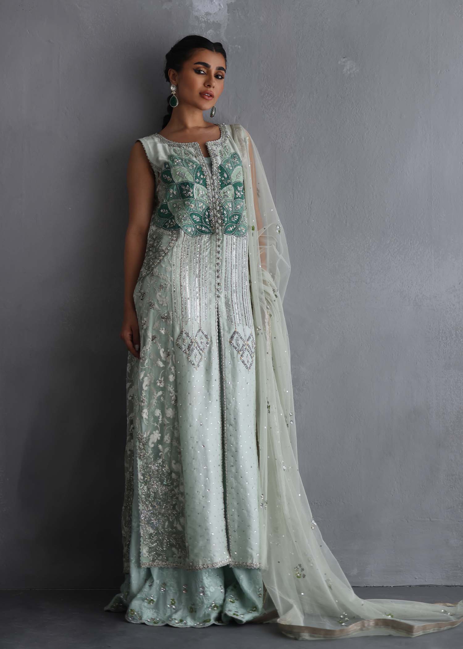 Mint Green Embroidered Raw Silk Jacket & Palazzo (3-Piece) - Image 1