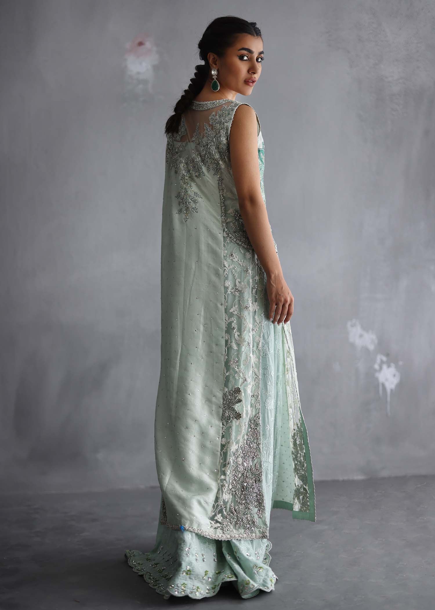 Mint Green Embroidered Raw Silk Jacket & Palazzo (3-Piece) - Image 2