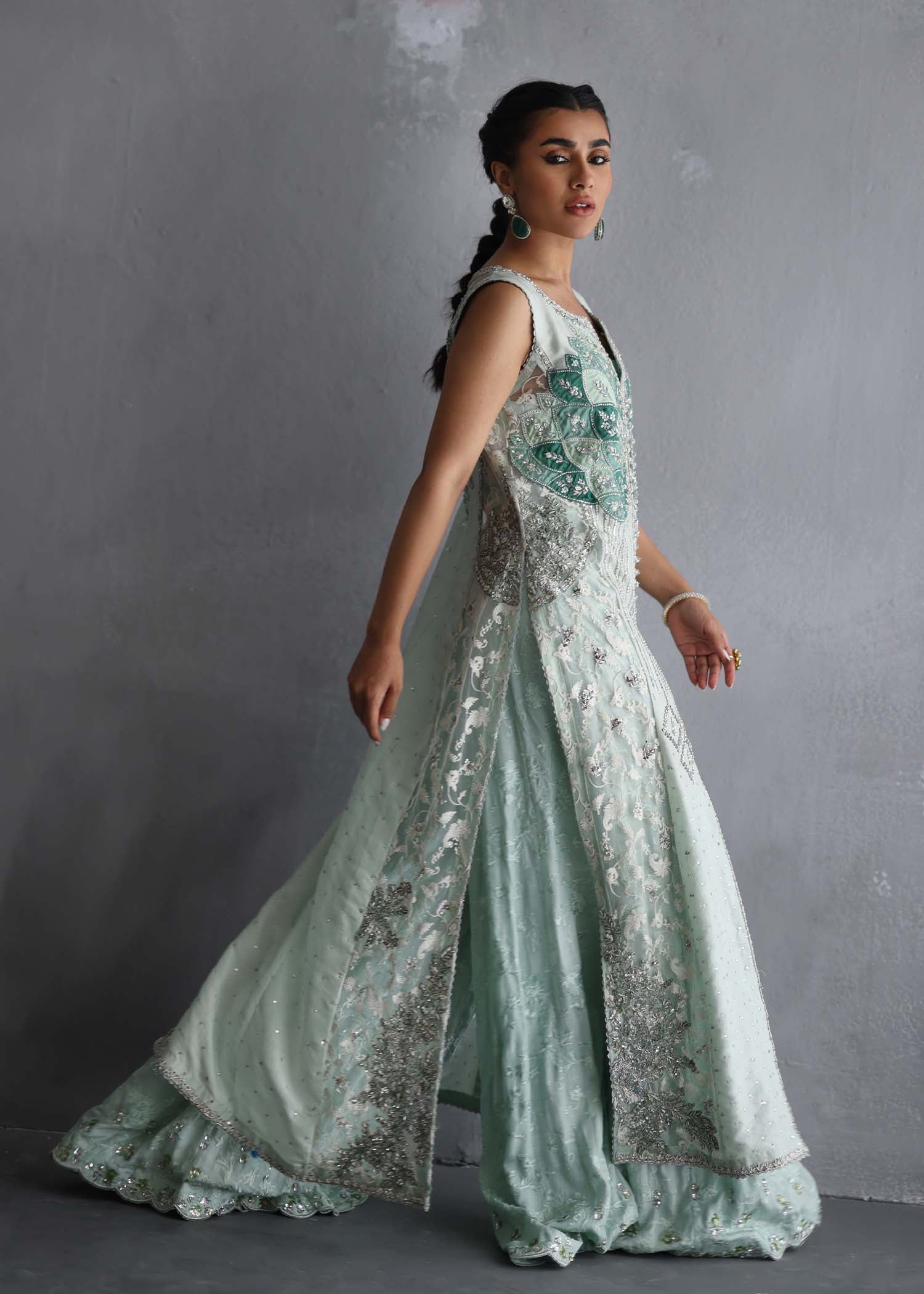 Mint Green Embroidered Raw Silk Jacket & Palazzo (3-Piece) - Image 3