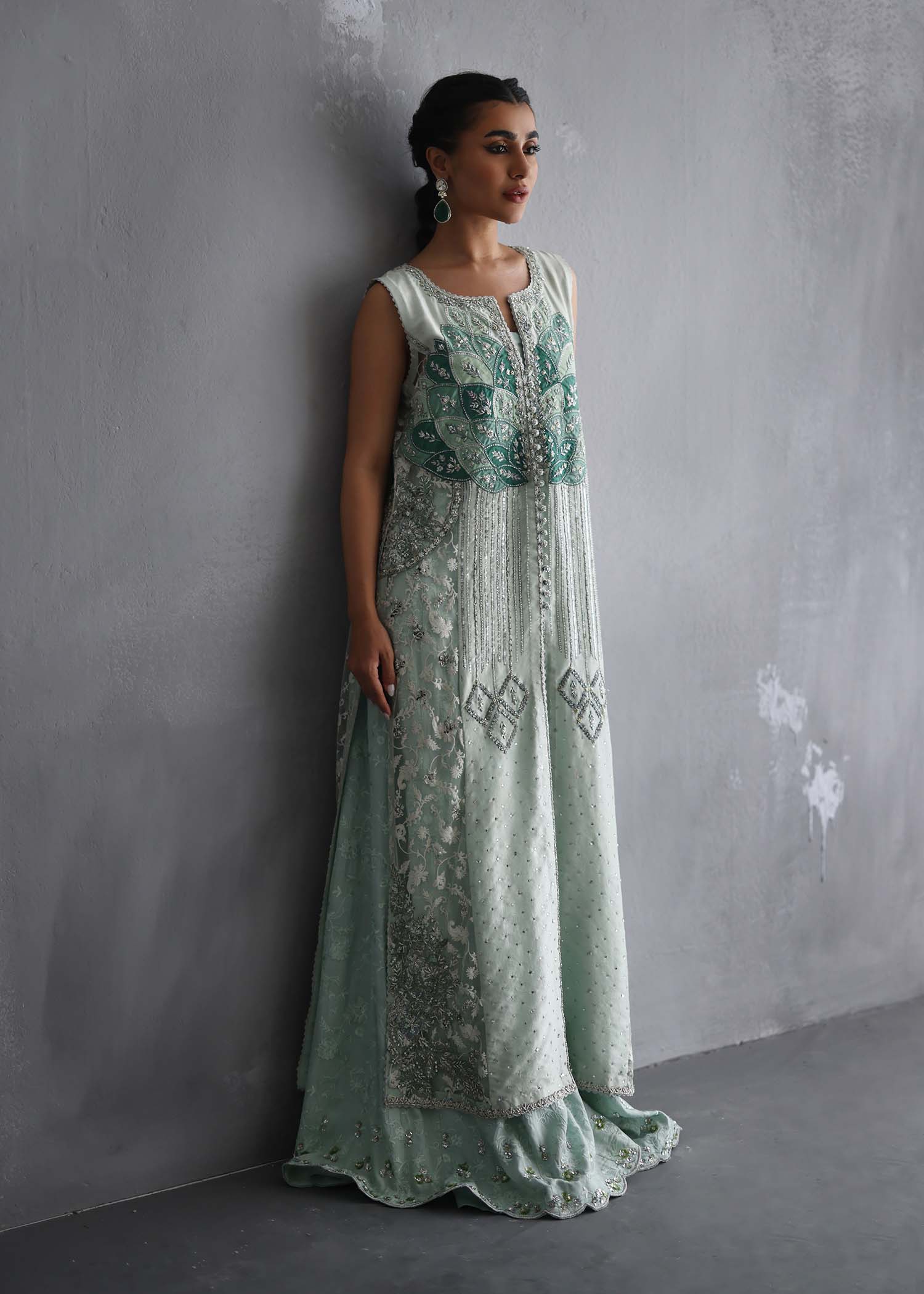 Mint Green Embroidered Raw Silk Jacket & Palazzo (3-Piece) - Image 4