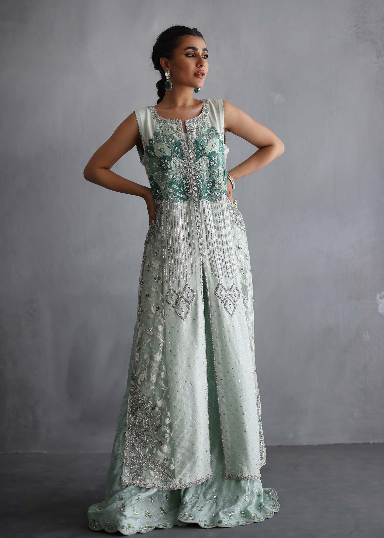 Mint Green Embroidered Raw Silk Jacket & Palazzo (3-Piece) - Image 5