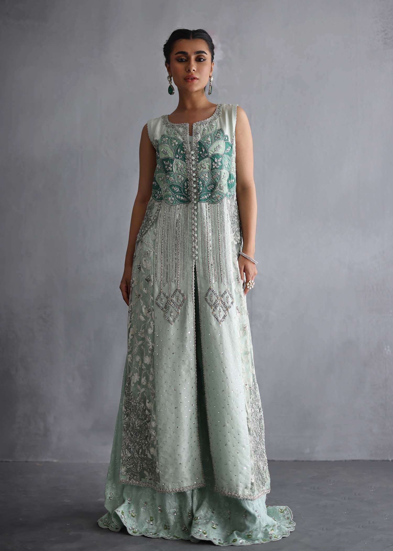 Mint Green Embroidered Raw Silk Jacket & Palazzo (3-Piece) - Image 6