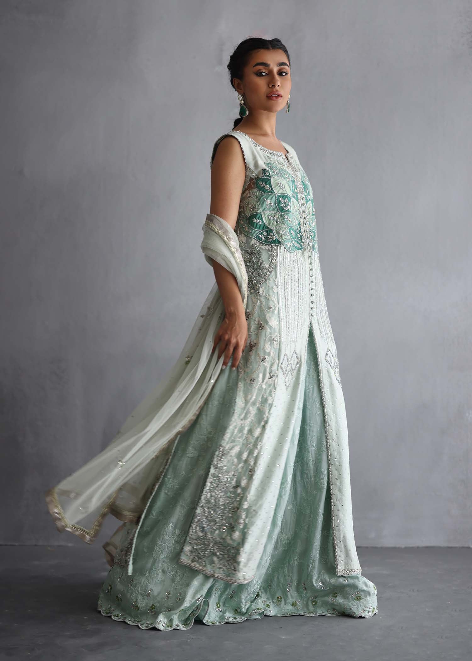 Mint Green Embroidered Raw Silk Jacket & Palazzo (3-Piece) - Image 8
