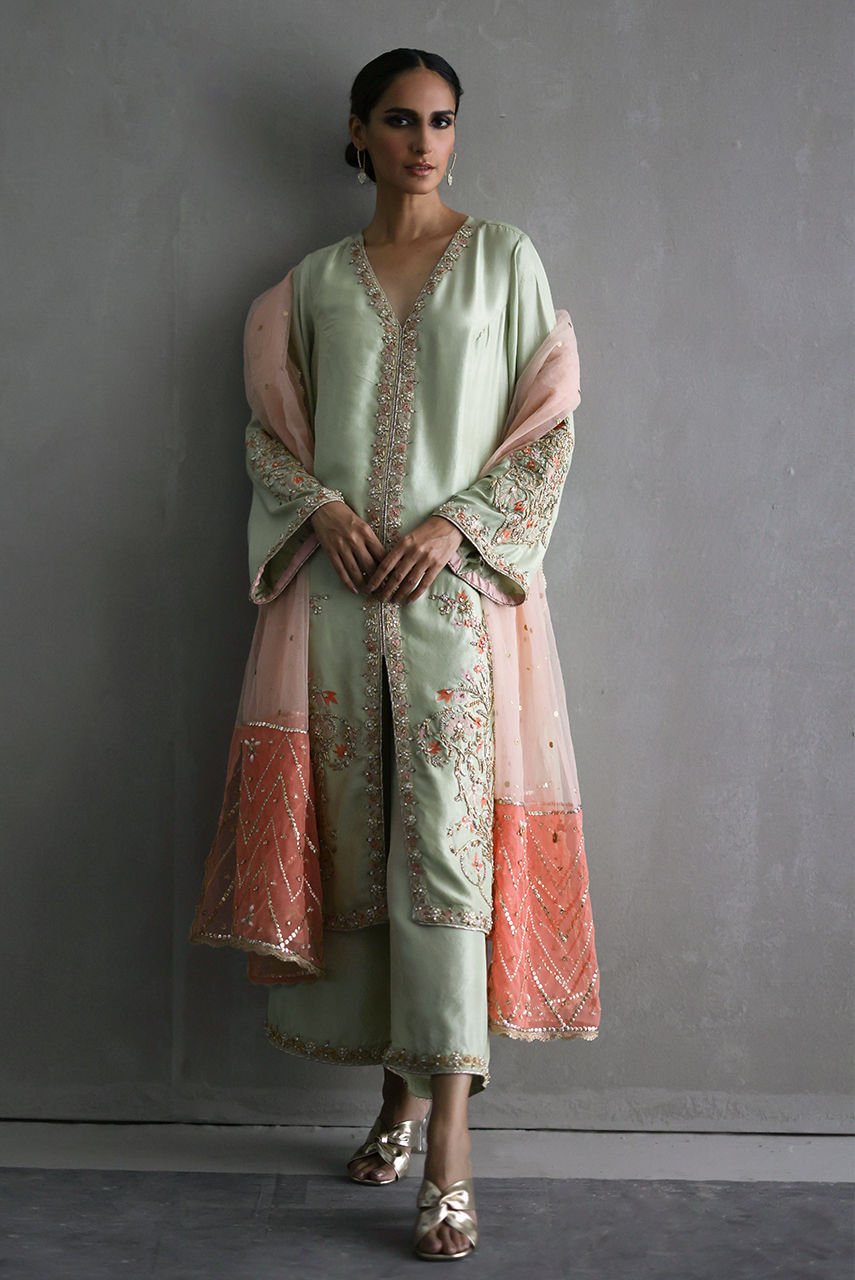 Mint Green Embroidered Raw Silk Salwar Kameez (3-Piece) - Image 1