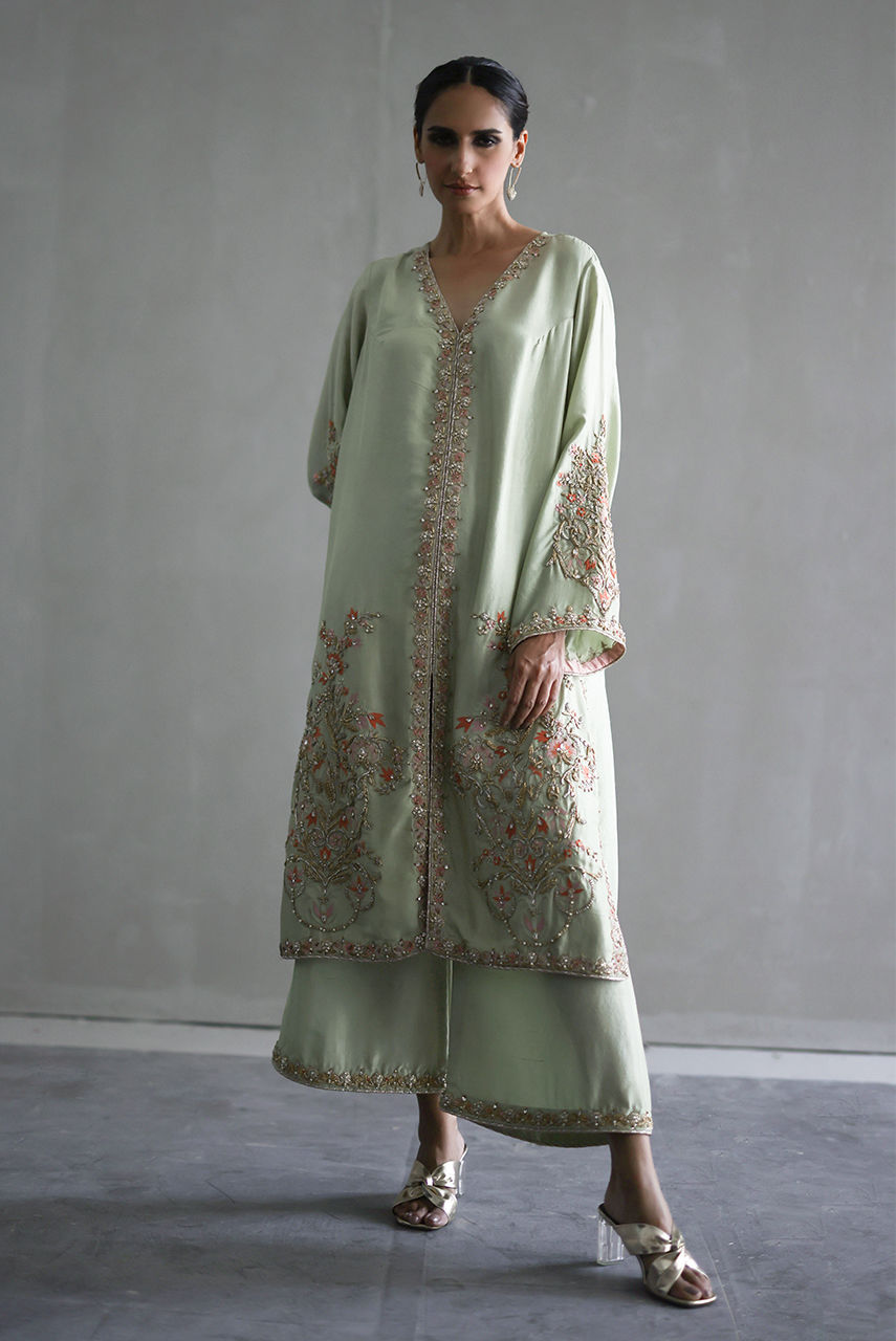Mint Green Embroidered Raw Silk Salwar Kameez (3-Piece) - Image 2