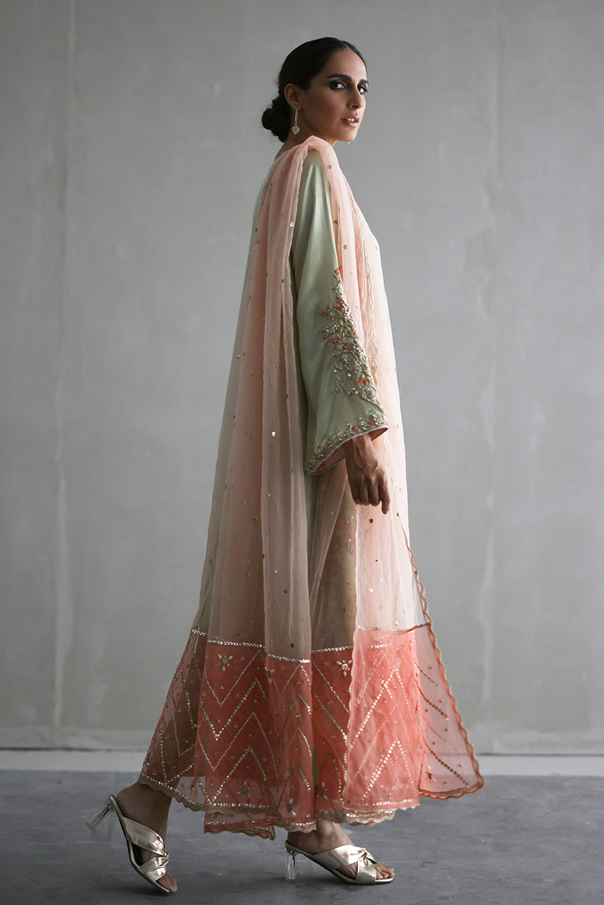 Mint Green Embroidered Raw Silk Salwar Kameez (3-Piece) - Image 3
